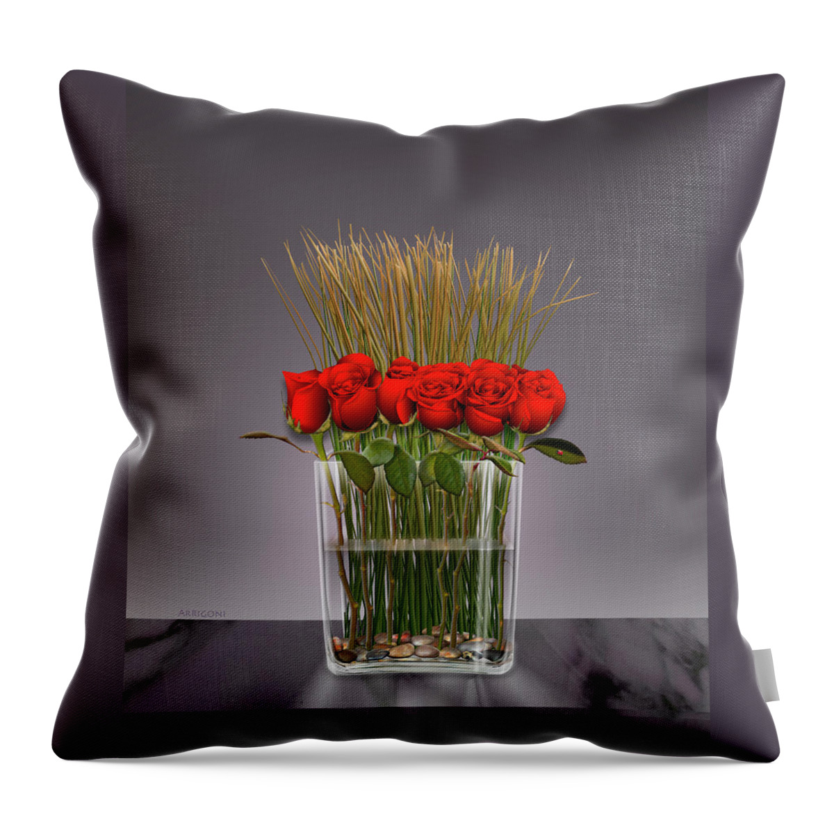 Red Roses Throw Pillow featuring the painting Red Roses in Vase by David Arrigoni