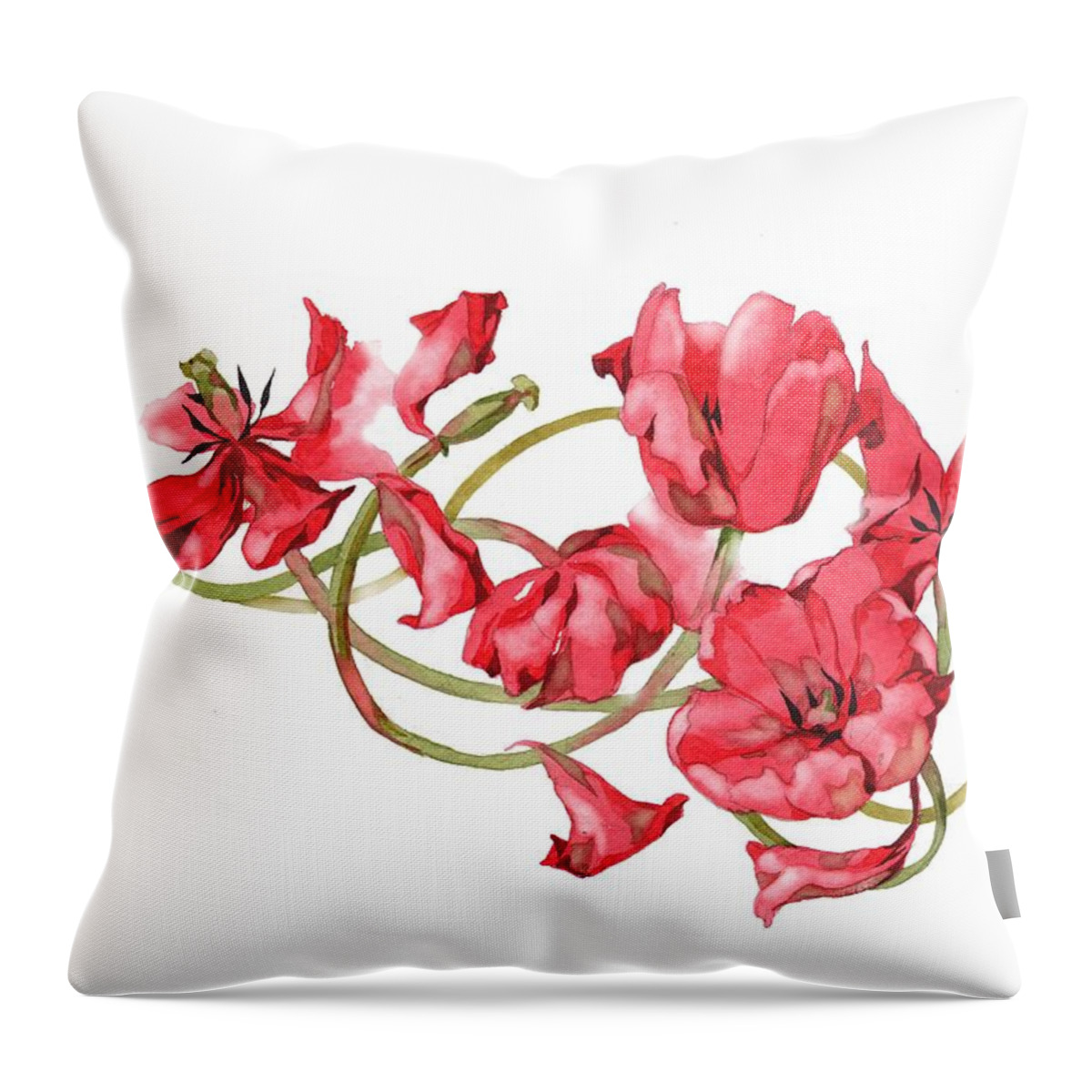 Russian Artists New Wave Throw Pillow featuring the painting Red Tulips Vignette by Ina Petrashkevich