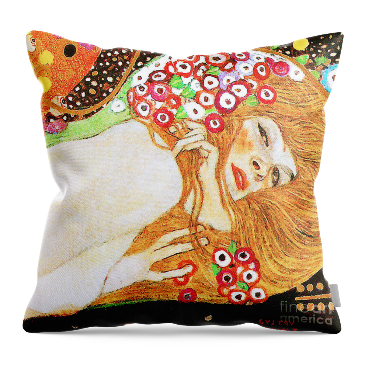Wingsdomain Throw Pillow featuring the painting Remastered Art Water Serpents II by Gustav Klimt 20190302 square v3 by Gustav-Klimt
