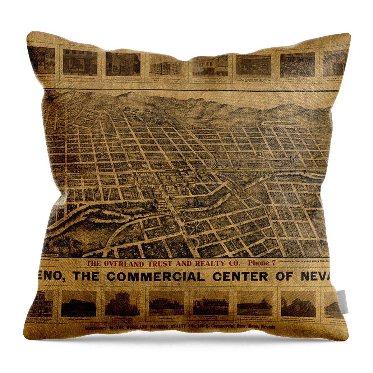 Reno Throw Pillow featuring the mixed media Reno Nevada Vintage City Street Map 1907 by Design Turnpike