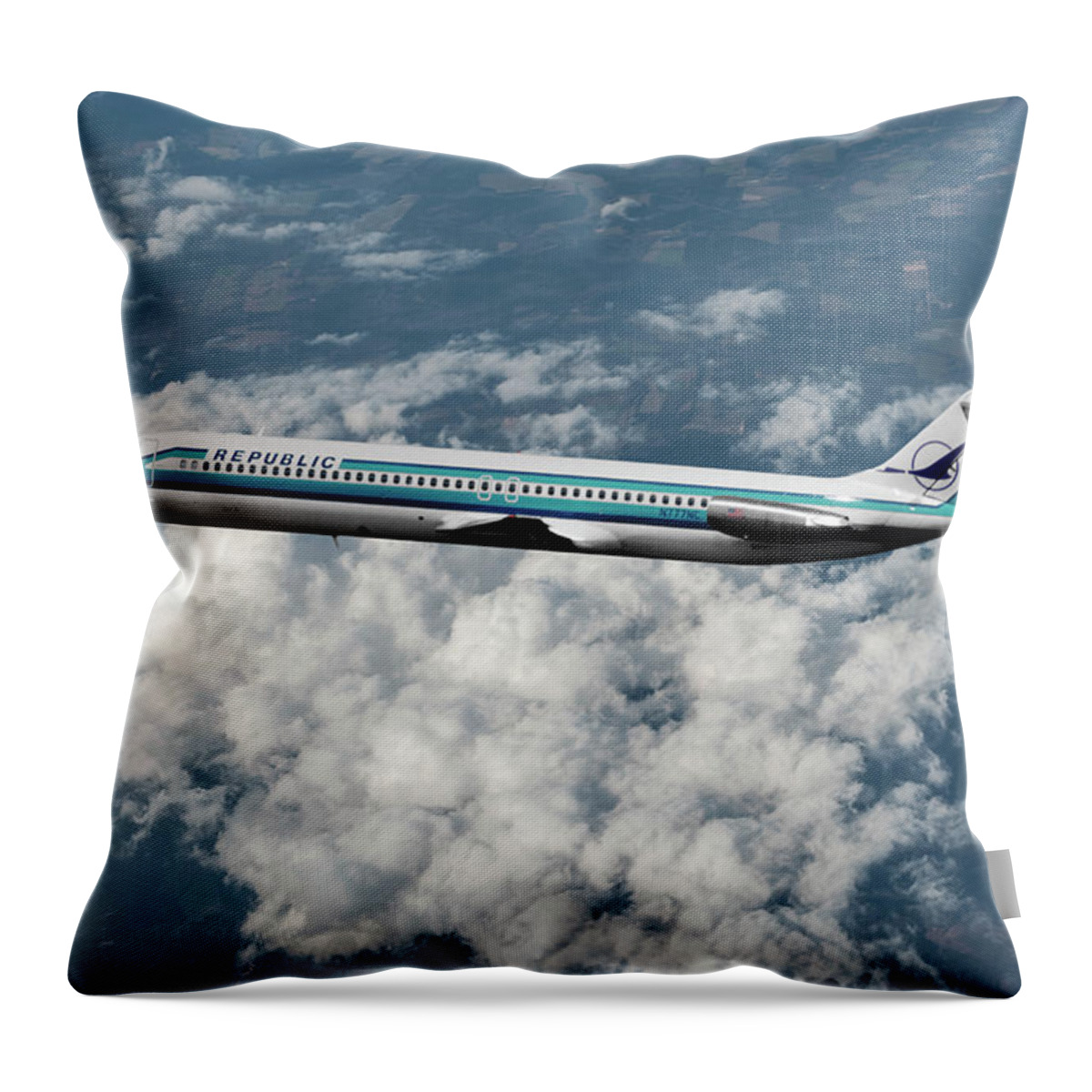 Republic Airlines Throw Pillow featuring the mixed media Republic Airlines New Livery - DC-9 by Erik Simonsen