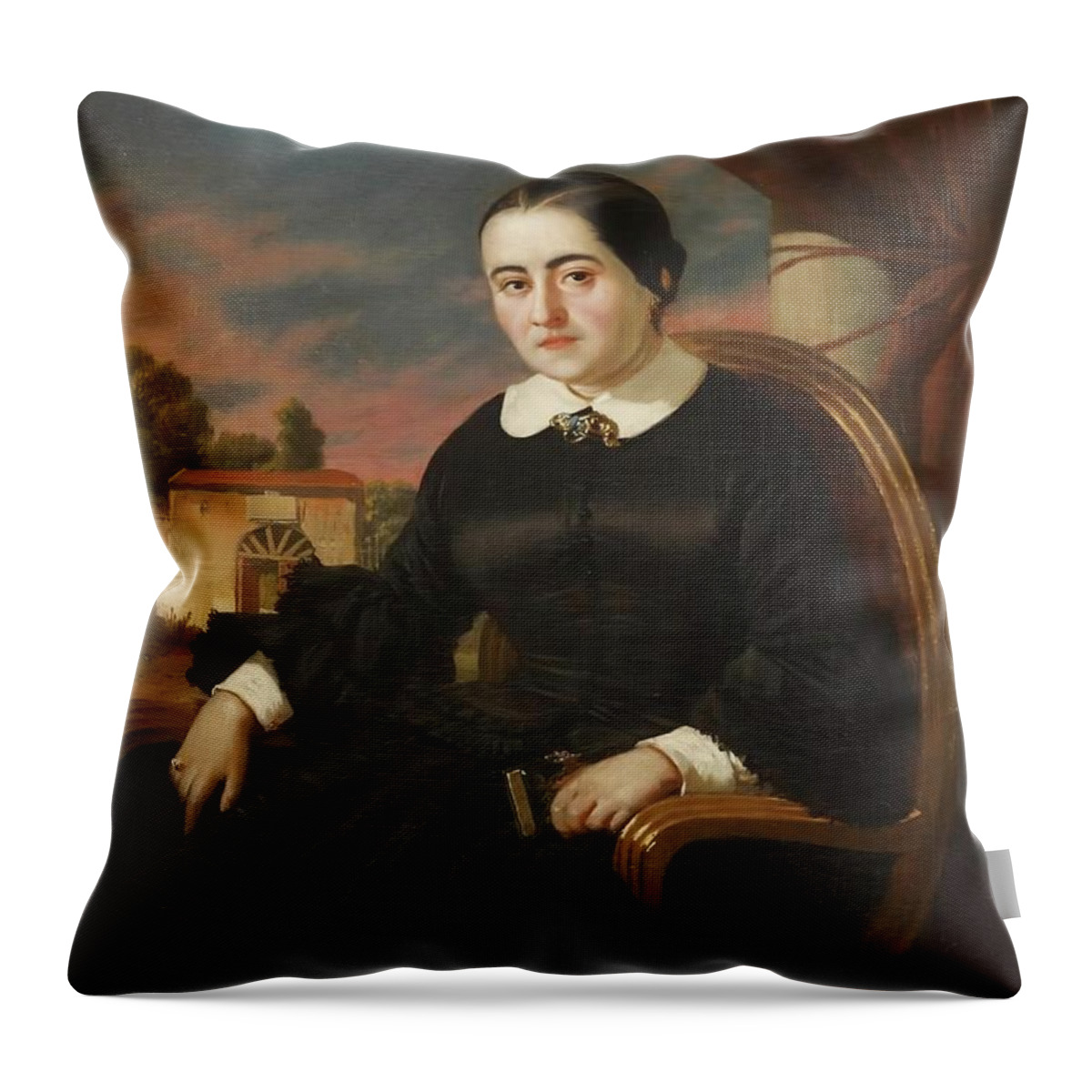 Becquer Valeriano Throw Pillow featuring the painting Retrato de Cecilia Bohl de Faber, 1858. Oleo sobre lienzo, 50,30 x 37,50 cm. by Valeriano Dominguez Becquer -1834-1870-