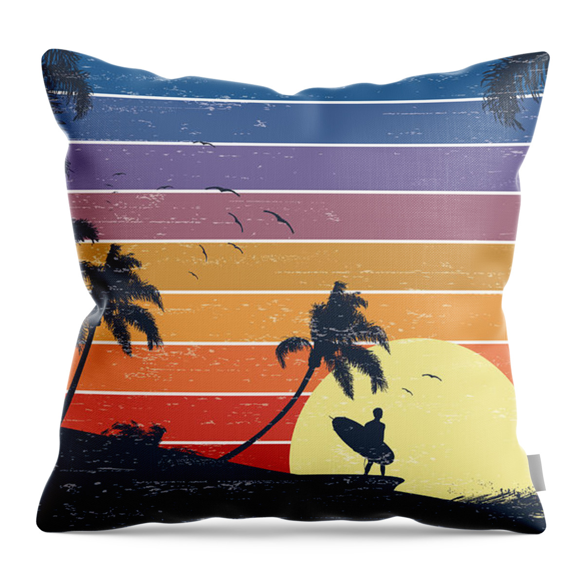 Water's Edge Throw Pillow featuring the digital art Retro Surfer Sunset by Kycstudio