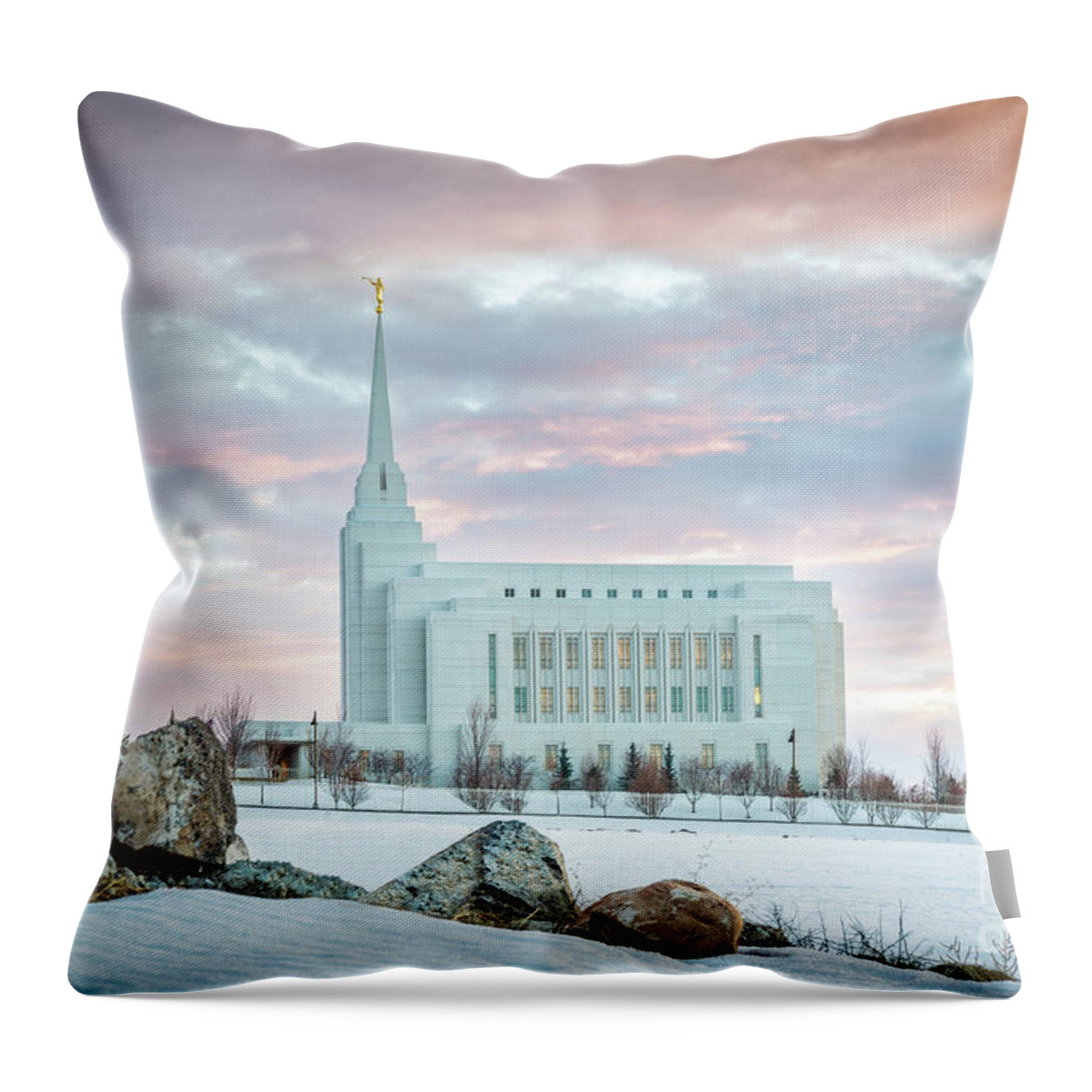 Cold Throw Pillow featuring the photograph Rexburt Idaho Temple - Winter Sunset by Bret Barton