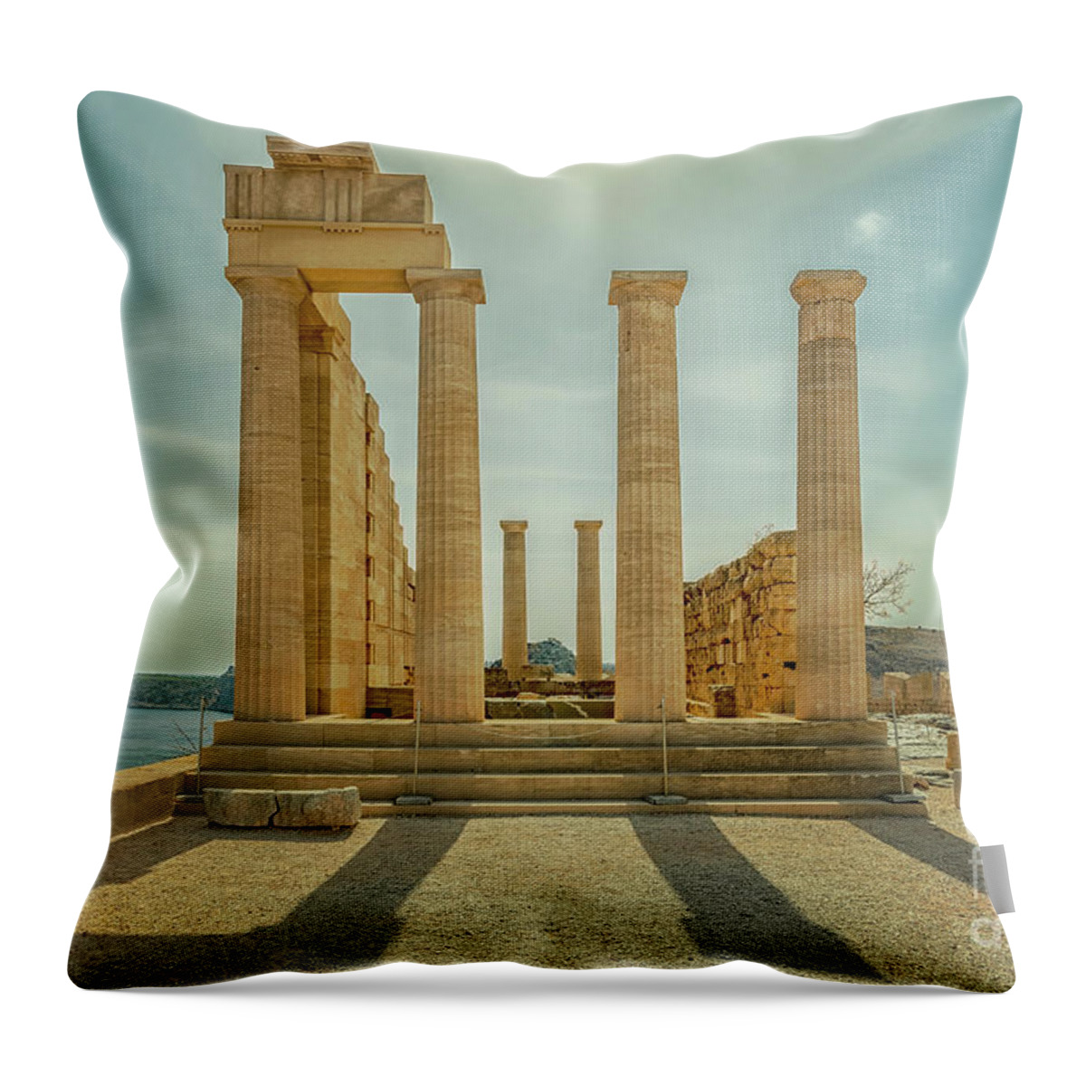 Greece Throw Pillow featuring the photograph Rhodes Lindos Acropolis Temple Ruins by Antony McAulay