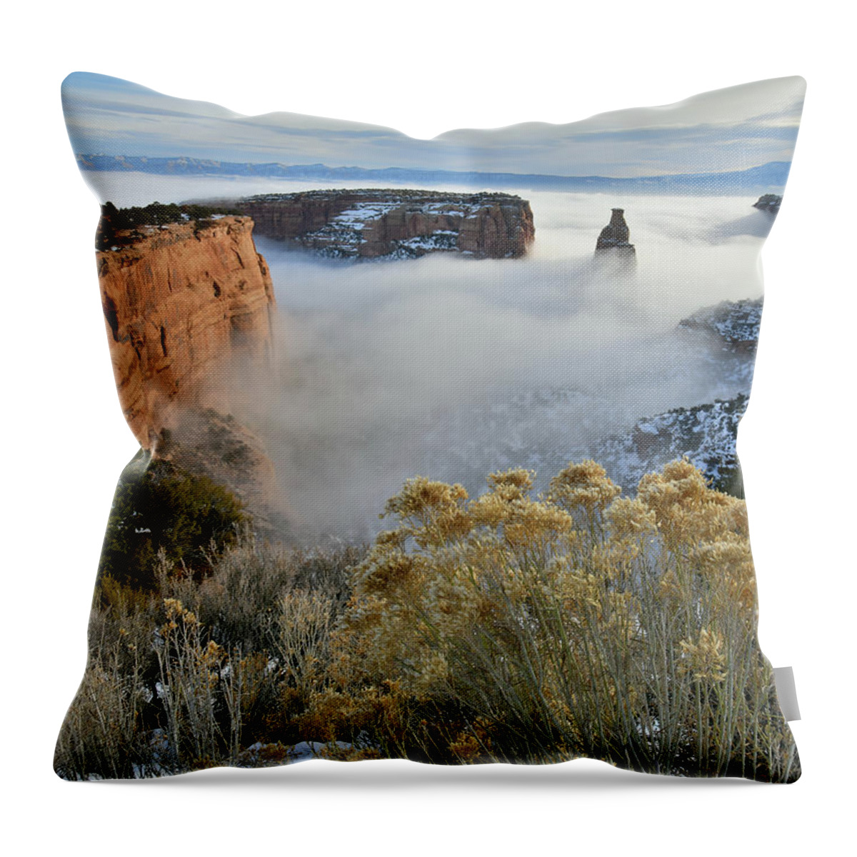 Colorado National Monument Throw Pillow featuring the photograph Rim Rock Drive View of Fogged Independence Canyon by Ray Mathis