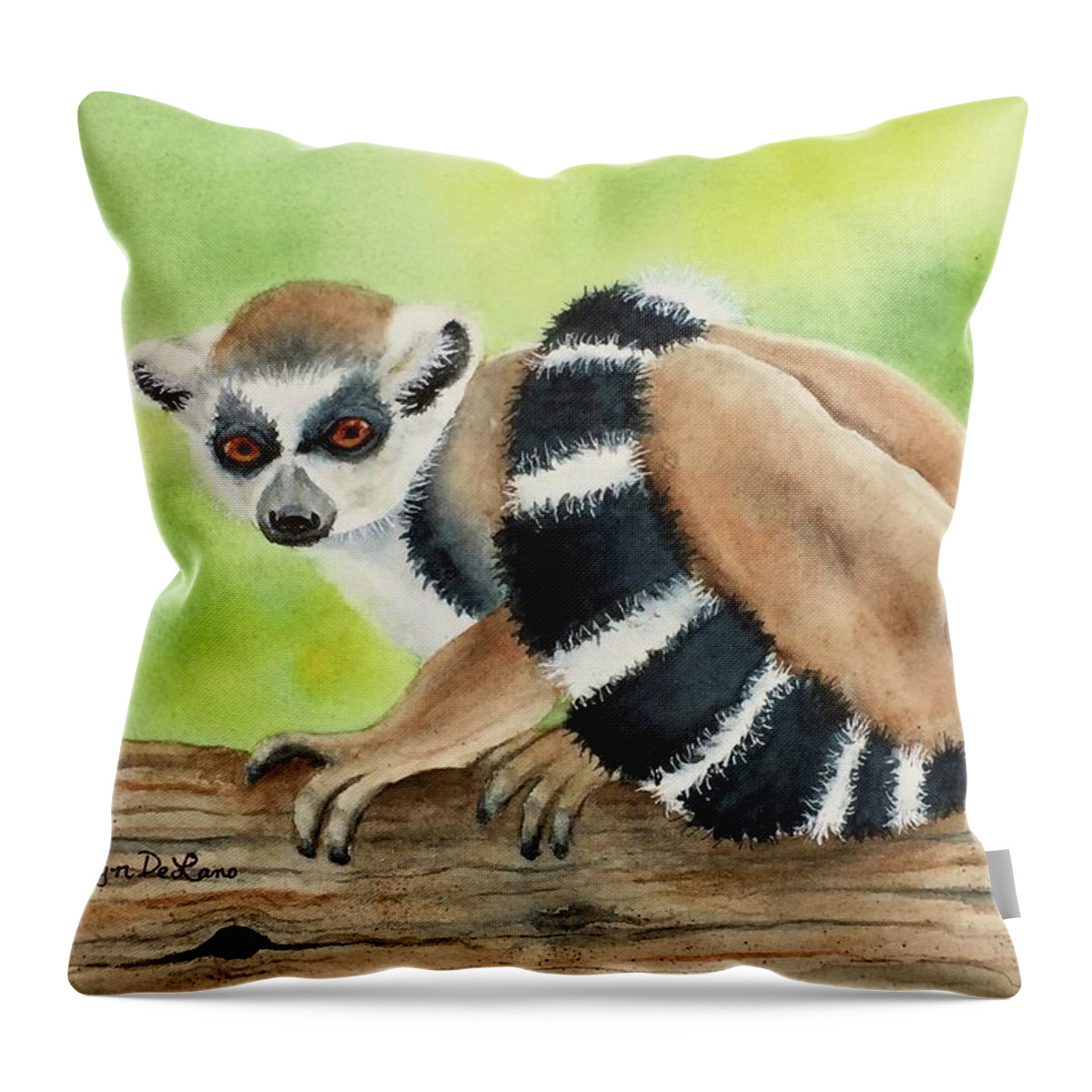 Lemur Throw Pillow featuring the painting Ringtail Lemur by Lyn DeLano