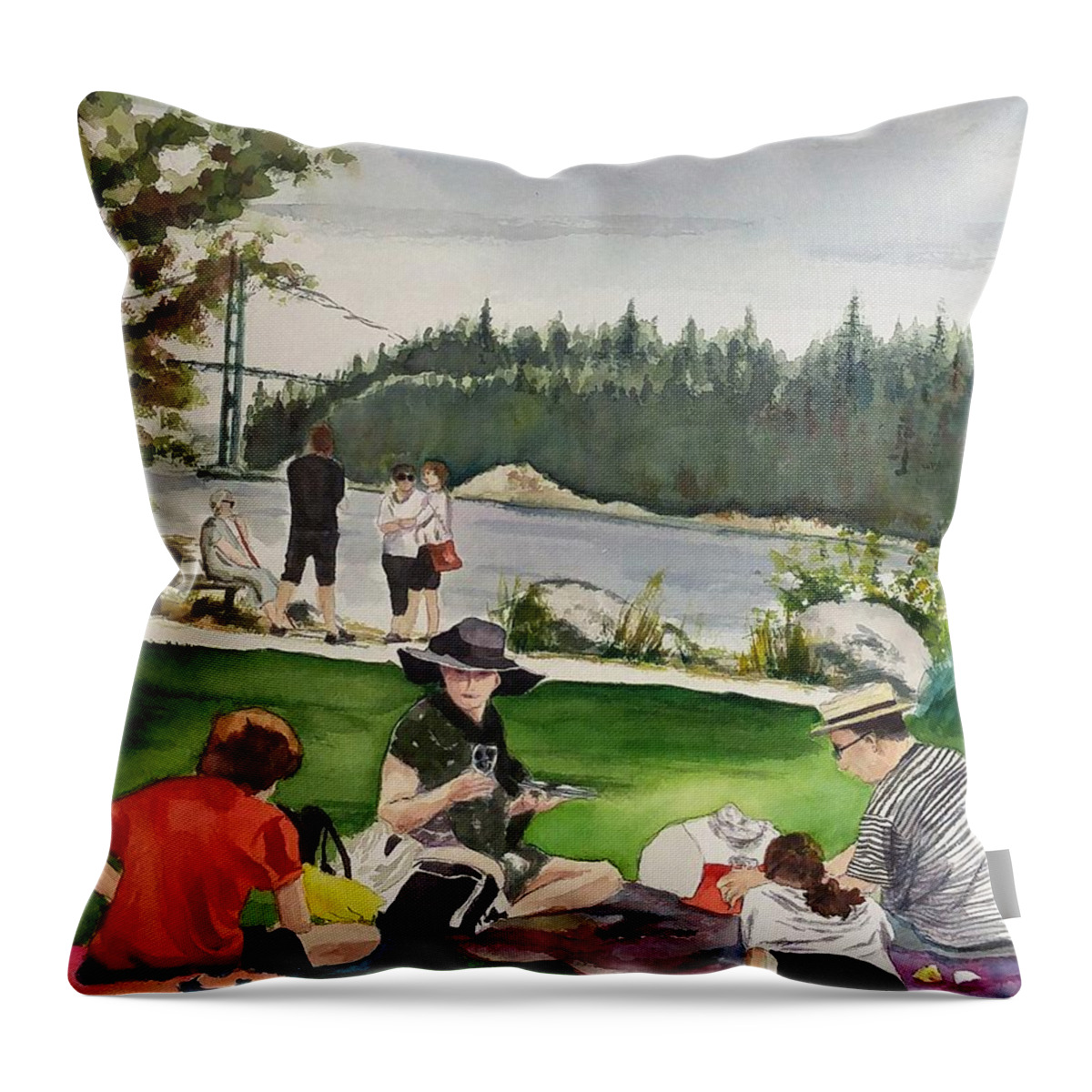 Picnic Throw Pillow featuring the painting Riparian Rhapsody by Sonia Mocnik