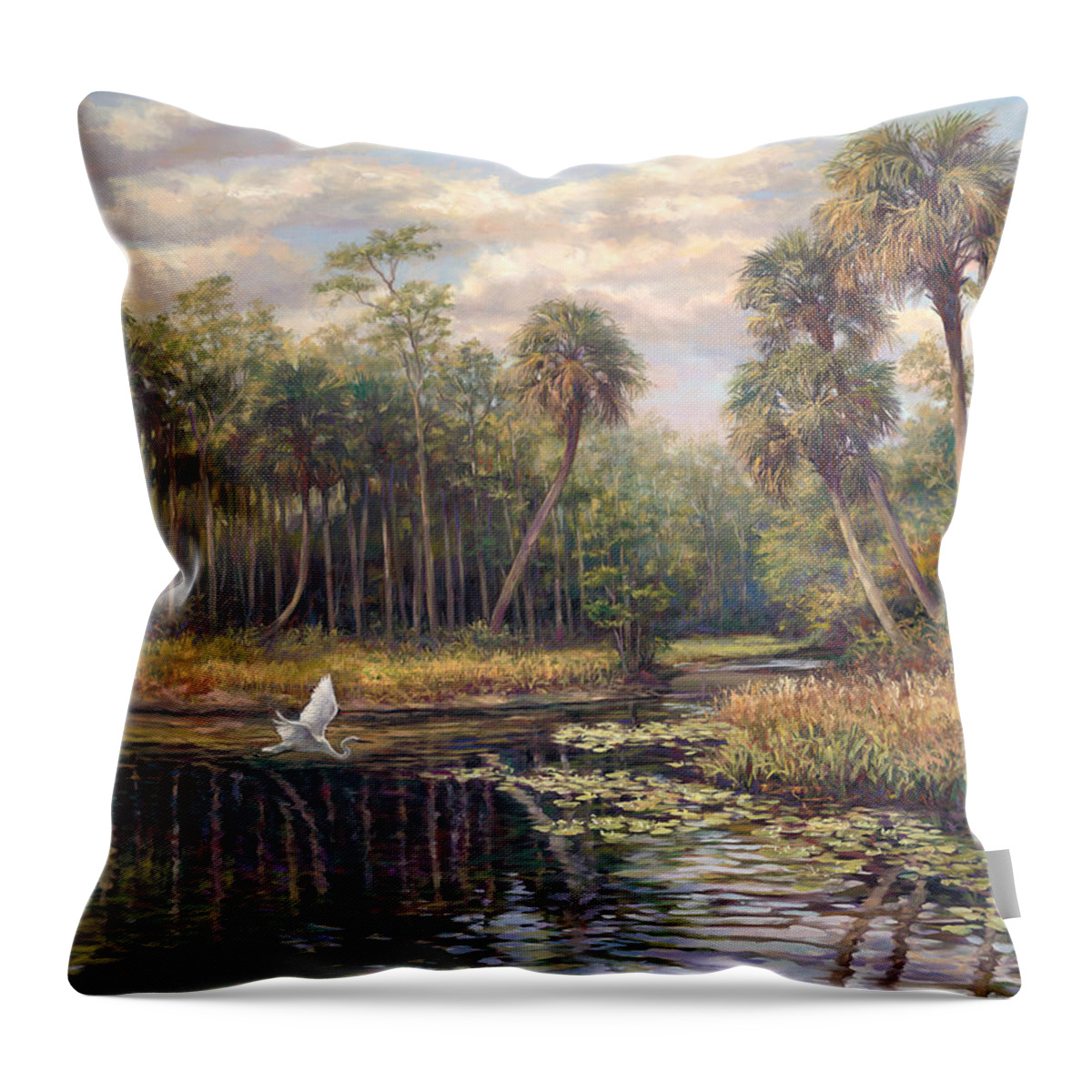Romantic Landscape Throw Pillow featuring the painting River Bend park Swan II by Laurie Snow Hein