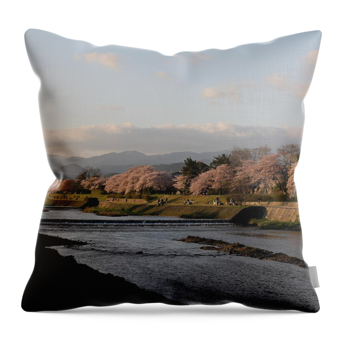 Outdoors Throw Pillow featuring the photograph Riverbank With Cherry Blossoms by Christian Kaden, Satori-nihon.de