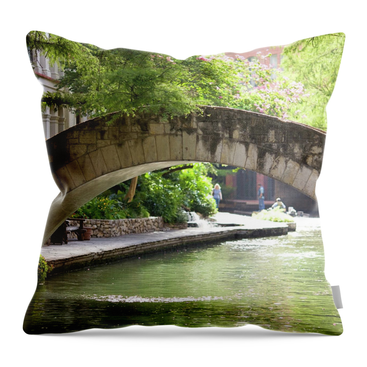 Water's Edge Throw Pillow featuring the photograph Riverwalk Stone Arch Bridge by Samdiesel