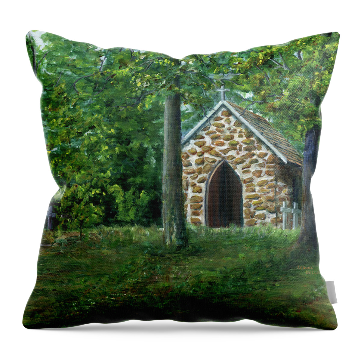Rock Chapel Throw Pillow featuring the painting Rock Chapel Near Mansfield, Louisiana by Lenora De Lude