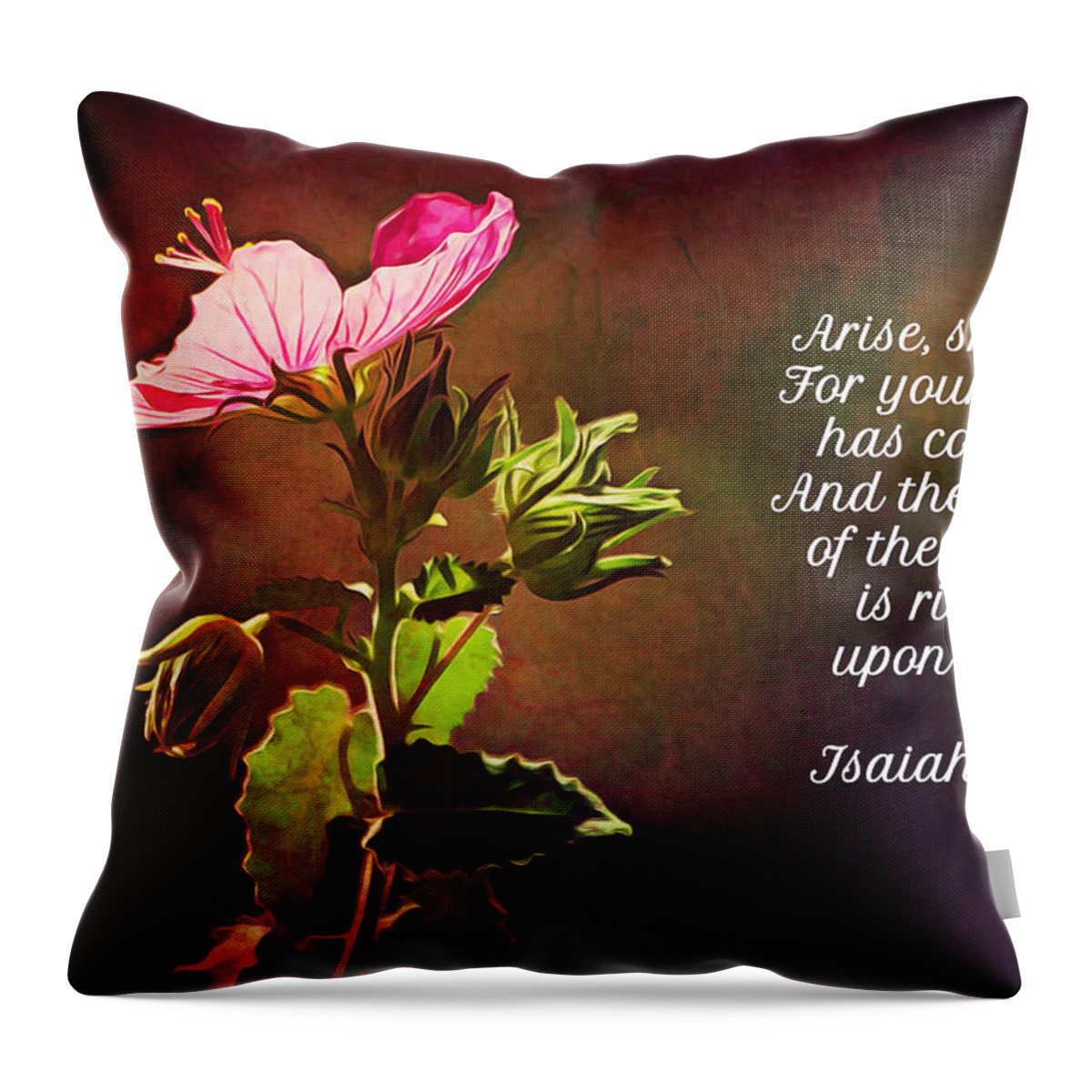 Flower Throw Pillow featuring the digital art Rock Rose Lighted and Scripture by Gaby Ethington