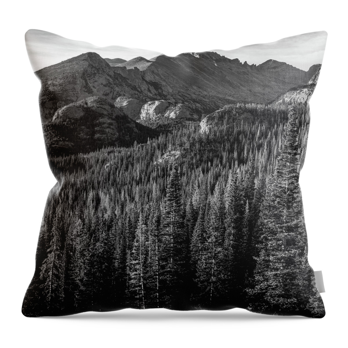 Longs Peak Throw Pillow featuring the photograph Rocky Mountain National Park Peak Sunrise - Estes Park Colorado - Square Format BW by Gregory Ballos