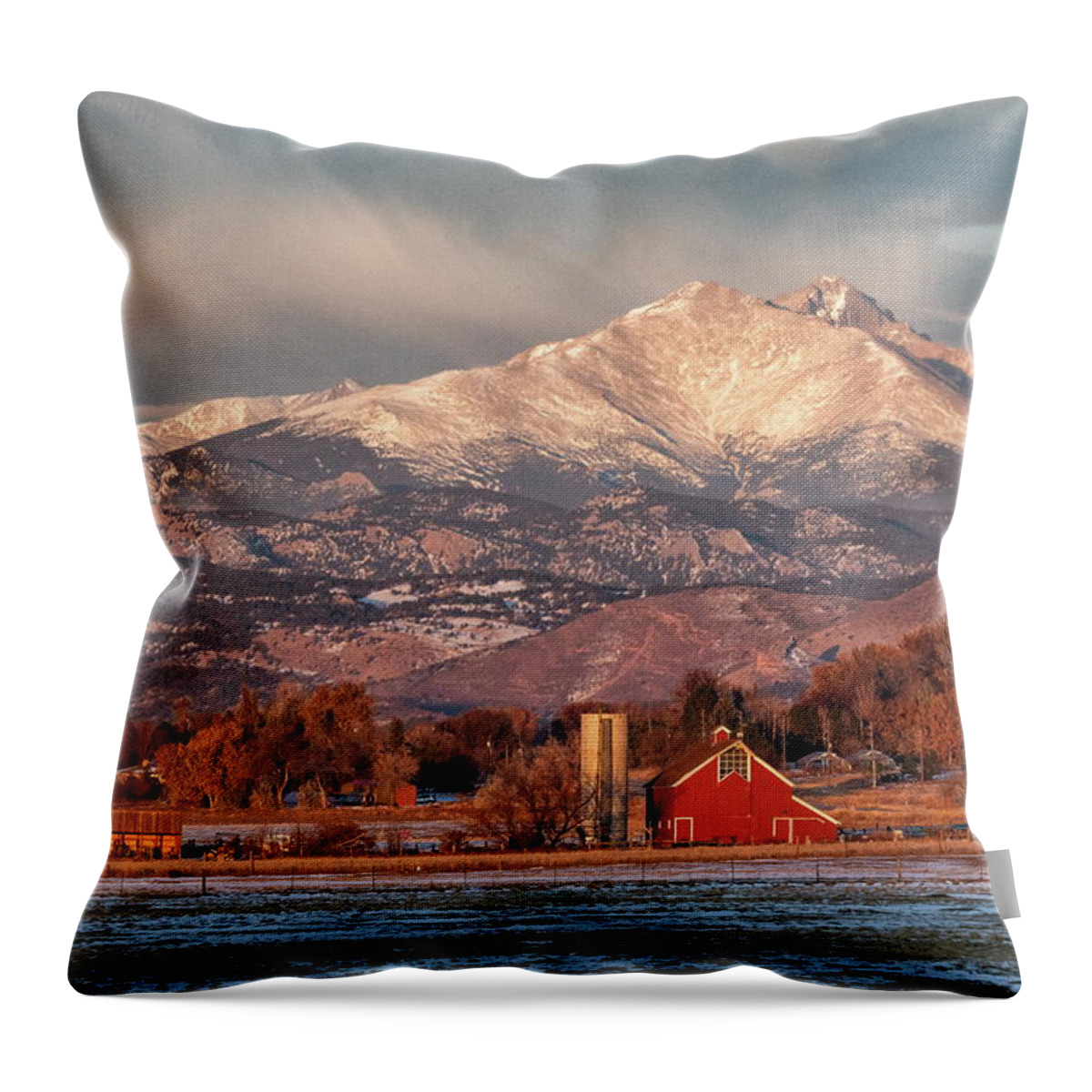 Farm Throw Pillow featuring the photograph Rocky Mountains Tower Over a Farm by Tony Hake