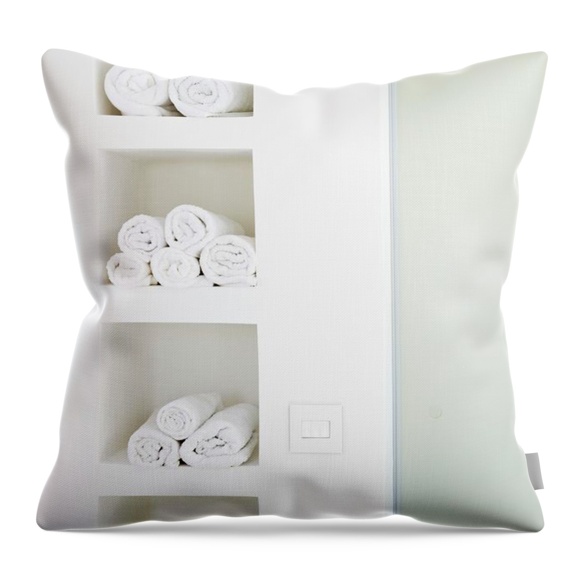 Ip_11183111 Throw Pillow featuring the photograph Rolled, White Towels In Square, White Niches by Simon Scarboro