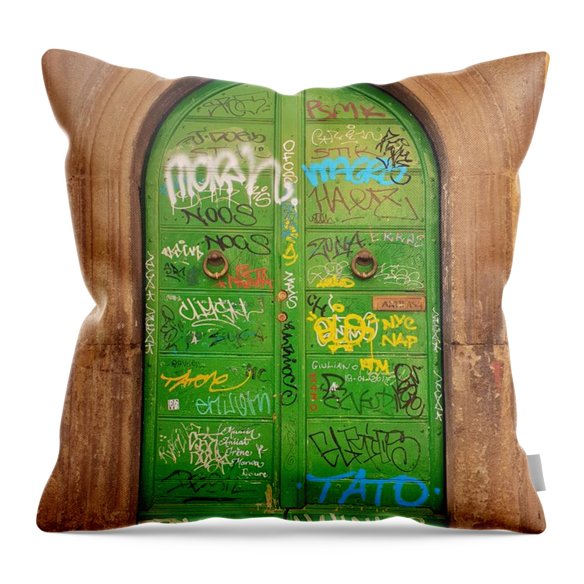 Doorway Throw Pillow featuring the photograph Roman Graffiti Door by Andrea Whitaker
