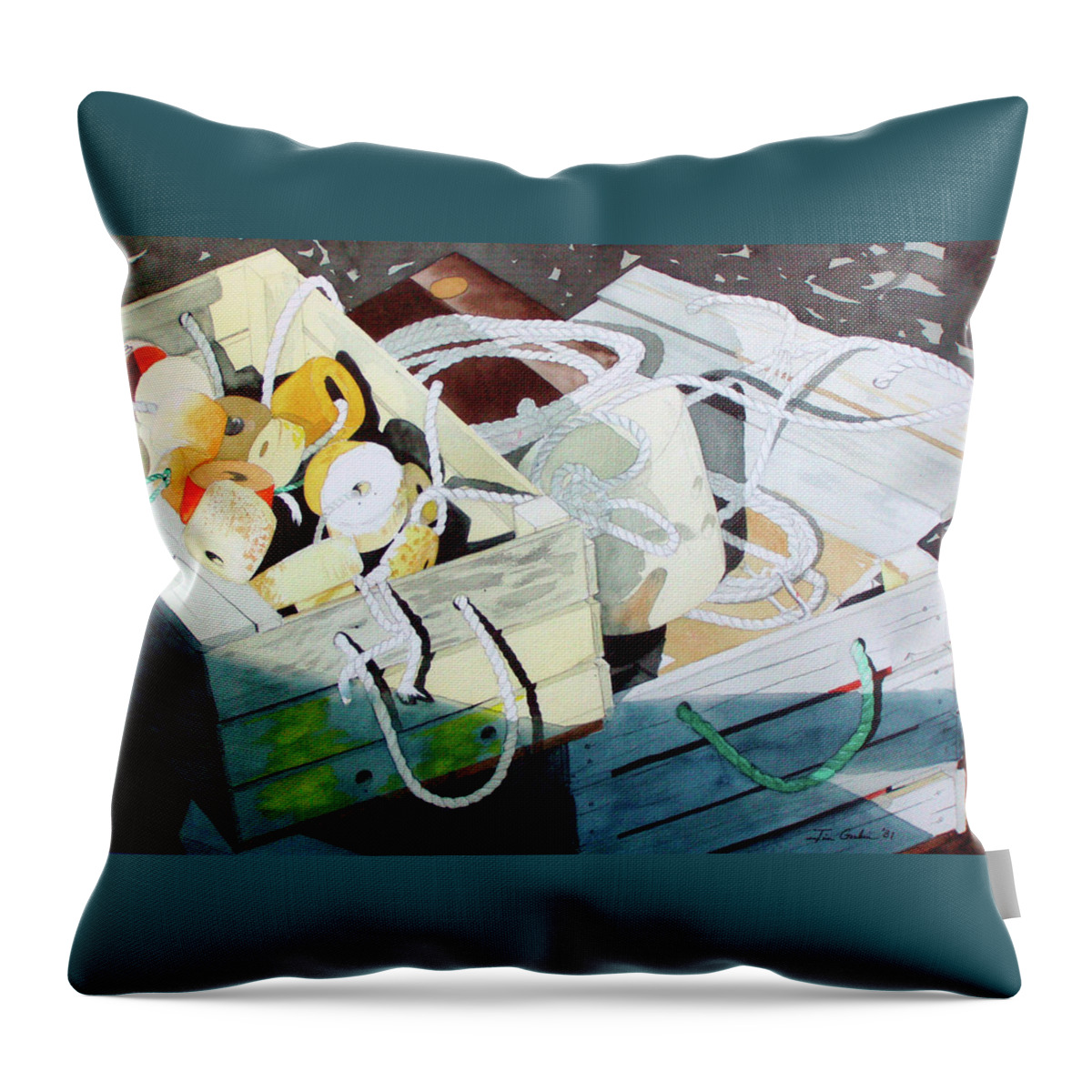 Ropes Throw Pillow featuring the painting Ropes and Floats by Jim Gerkin