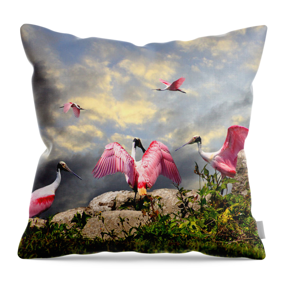 Roseata Throw Pillow featuring the digital art Roseata Spoonbills on the Rocks by Michele A Loftus