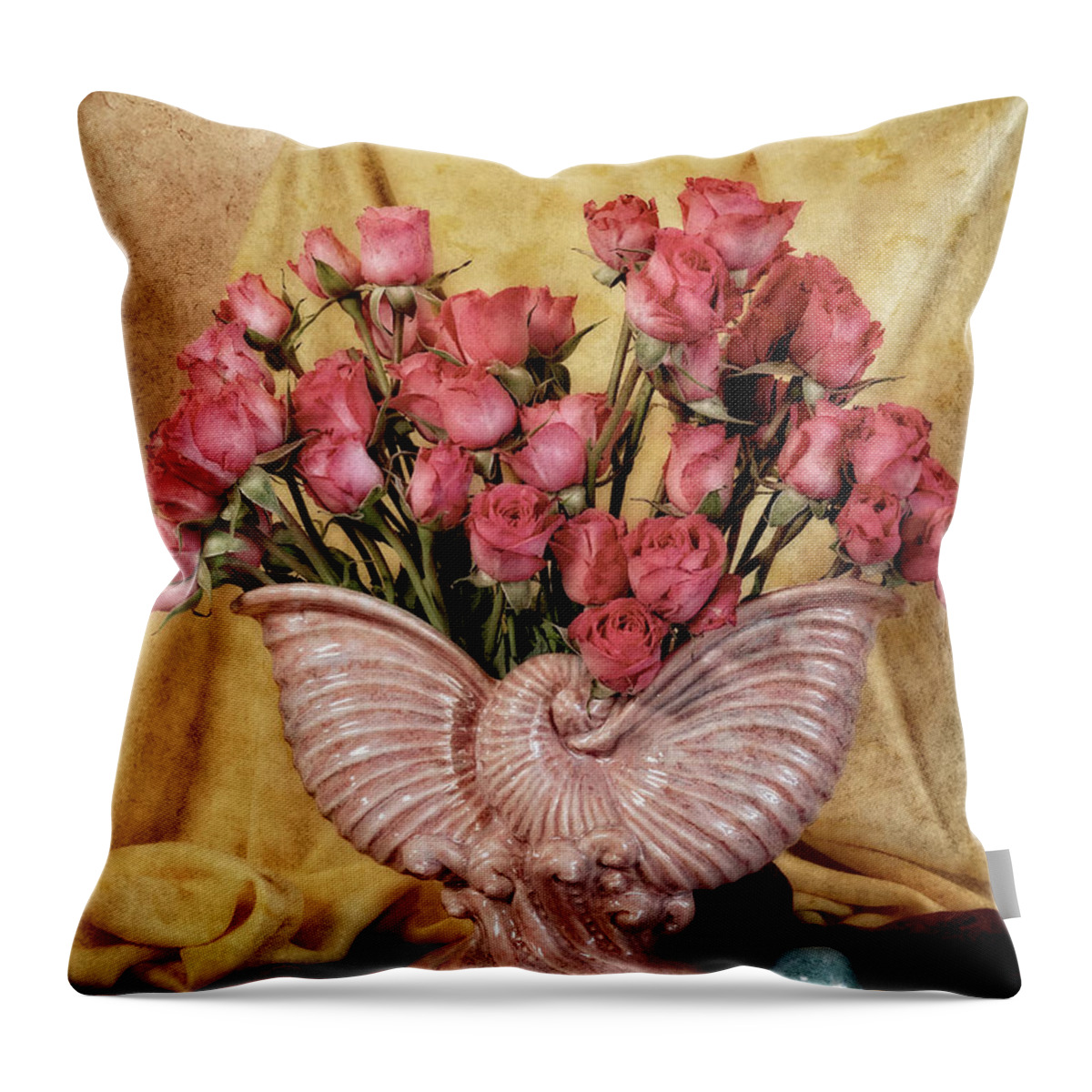 Pink Vase Throw Pillow featuring the photograph Roses in Pink Vintage Vase by Sandra Selle Rodriguez