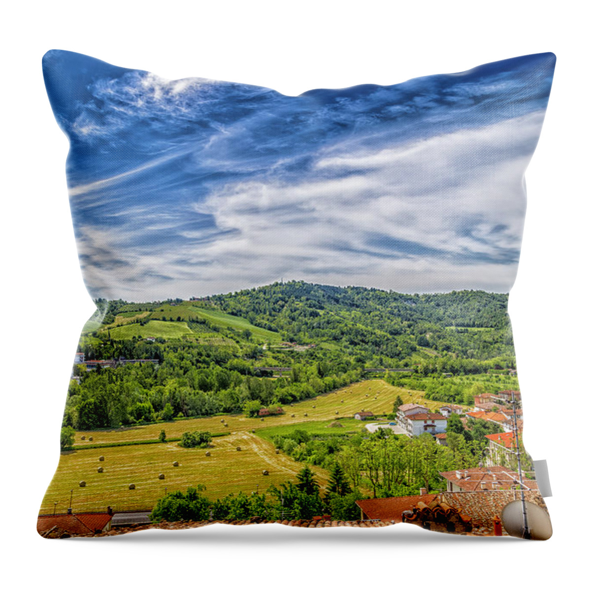 Italy Throw Pillow featuring the photograph round hay bales in the Italian countryside by Vivida Photo PC