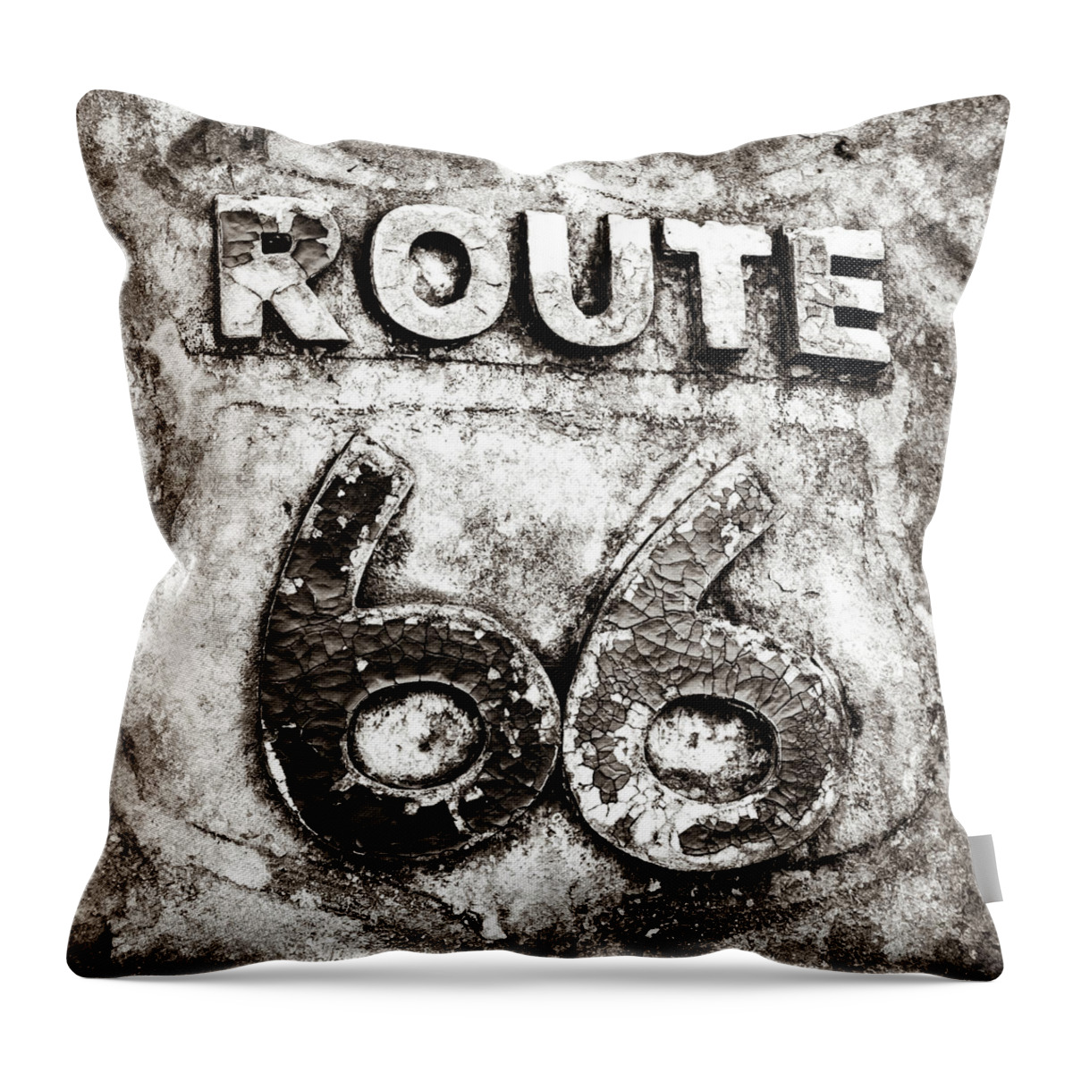 America Throw Pillow featuring the photograph Route 66 Weathered Road Sign - Sepia by Gregory Ballos