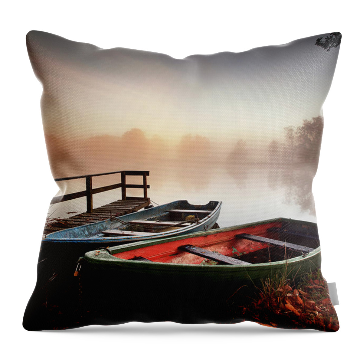 Dawn Throw Pillow featuring the photograph Rowing Boats Moored On Banks Of Wooded by Angus Clyne