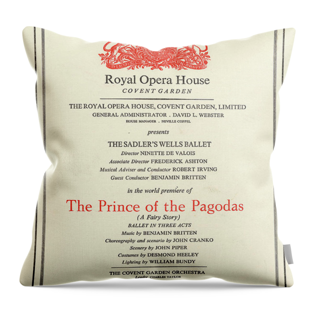1950s Throw Pillow featuring the drawing Royal Opera House The Prince Of The Pagodas By Benjamin Britten by Unknown