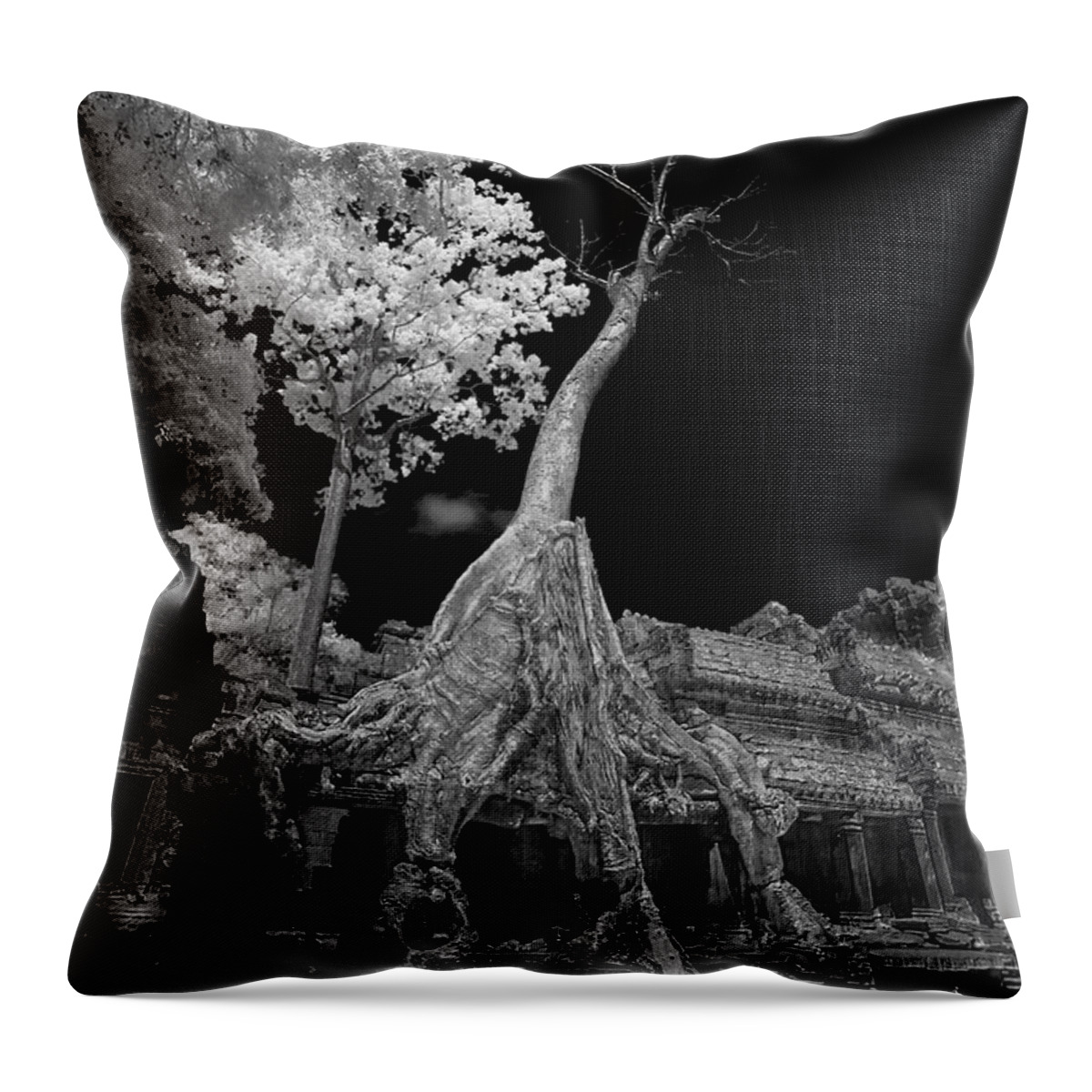 Ancient Throw Pillow featuring the photograph Ruins of Preak Khan in Cambodia in black and white infrared by Karen Foley