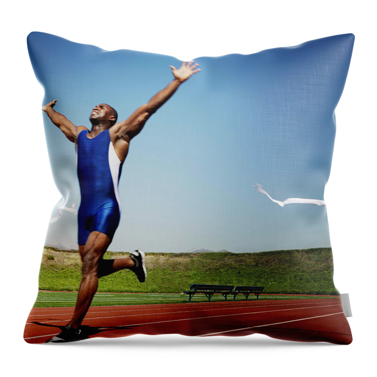 Human Arm Throw Pillow featuring the photograph Runner Crossing Finish Line by Jupiterimages