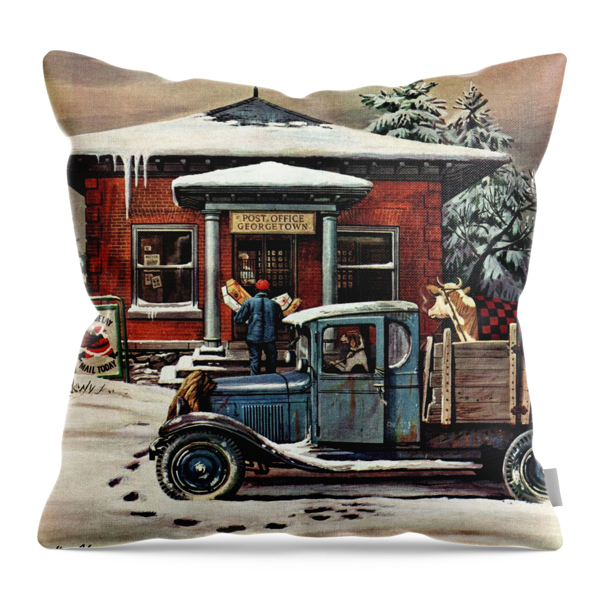 Christmas Throw Pillow featuring the drawing Rural Post Office At Christmas by Stevan Dohanos
