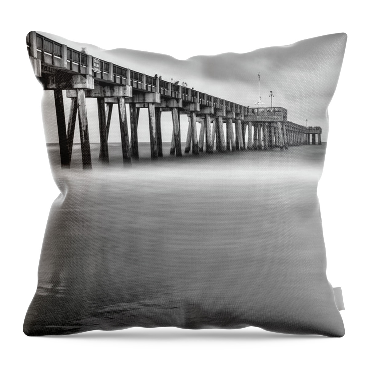 America Throw Pillow featuring the photograph Russell Fields Pier - Panama City Beach Monochrome by Gregory Ballos