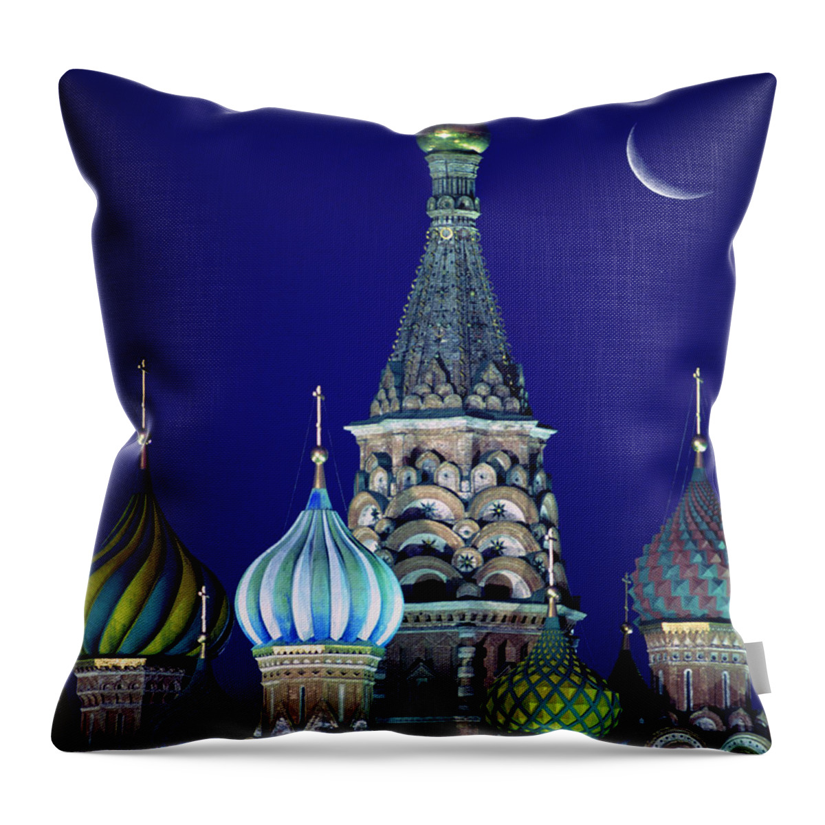 Clear Sky Throw Pillow featuring the photograph Russia, Moscow, Moon Over St Basils by Grant Faint