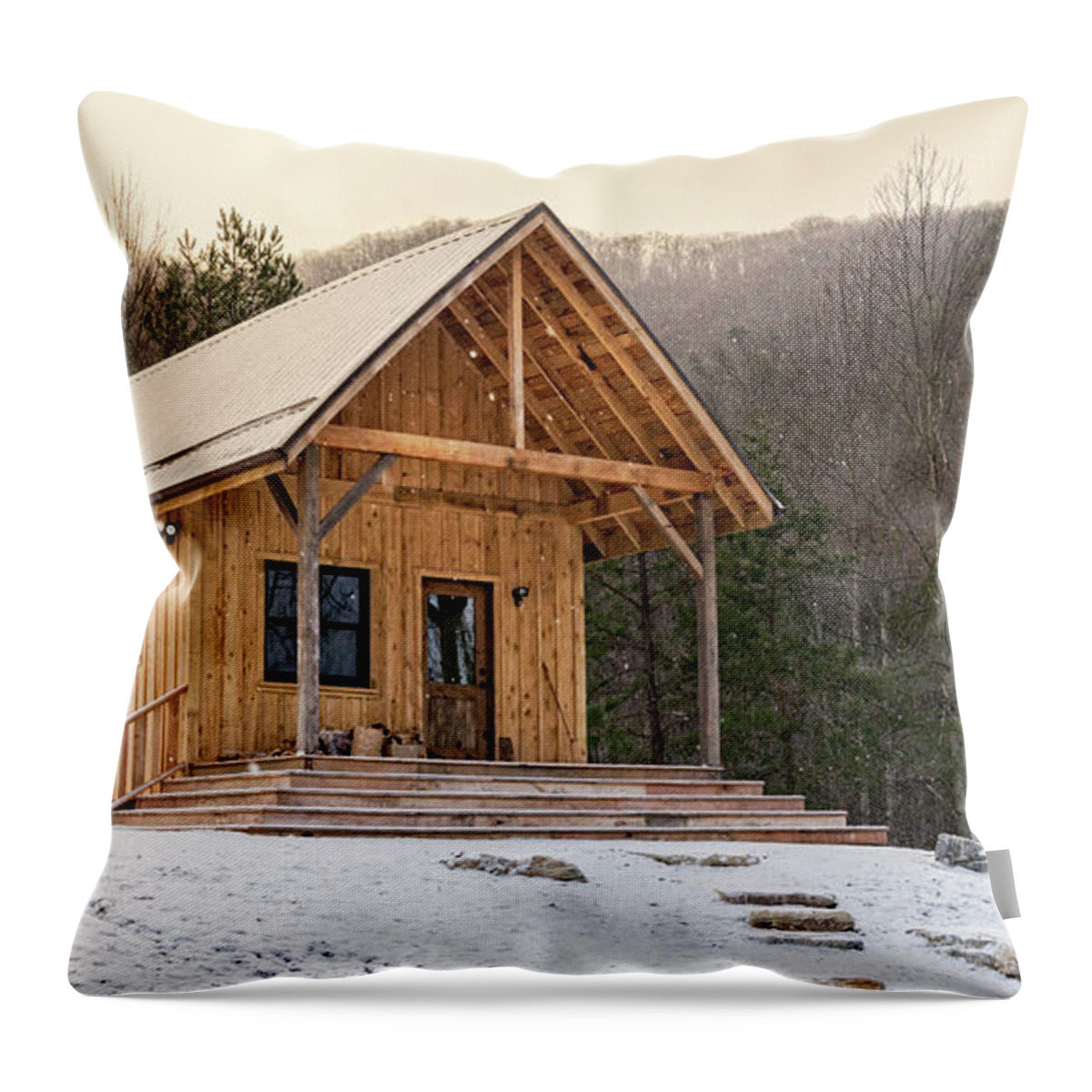 Recreational Pursuit Throw Pillow featuring the photograph Rustic Appalachian Cabin In Snow by Wbritten