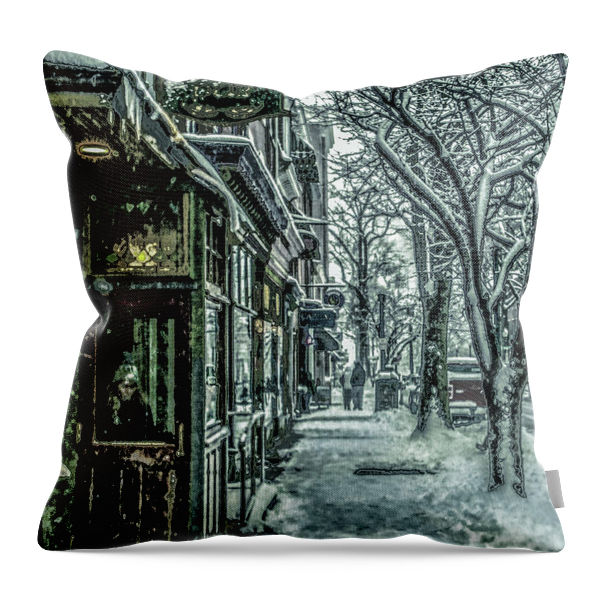 Ryan’s Pub Throw Pillow featuring the photograph Ryan's Pub in N'Easter by Sandy Moulder