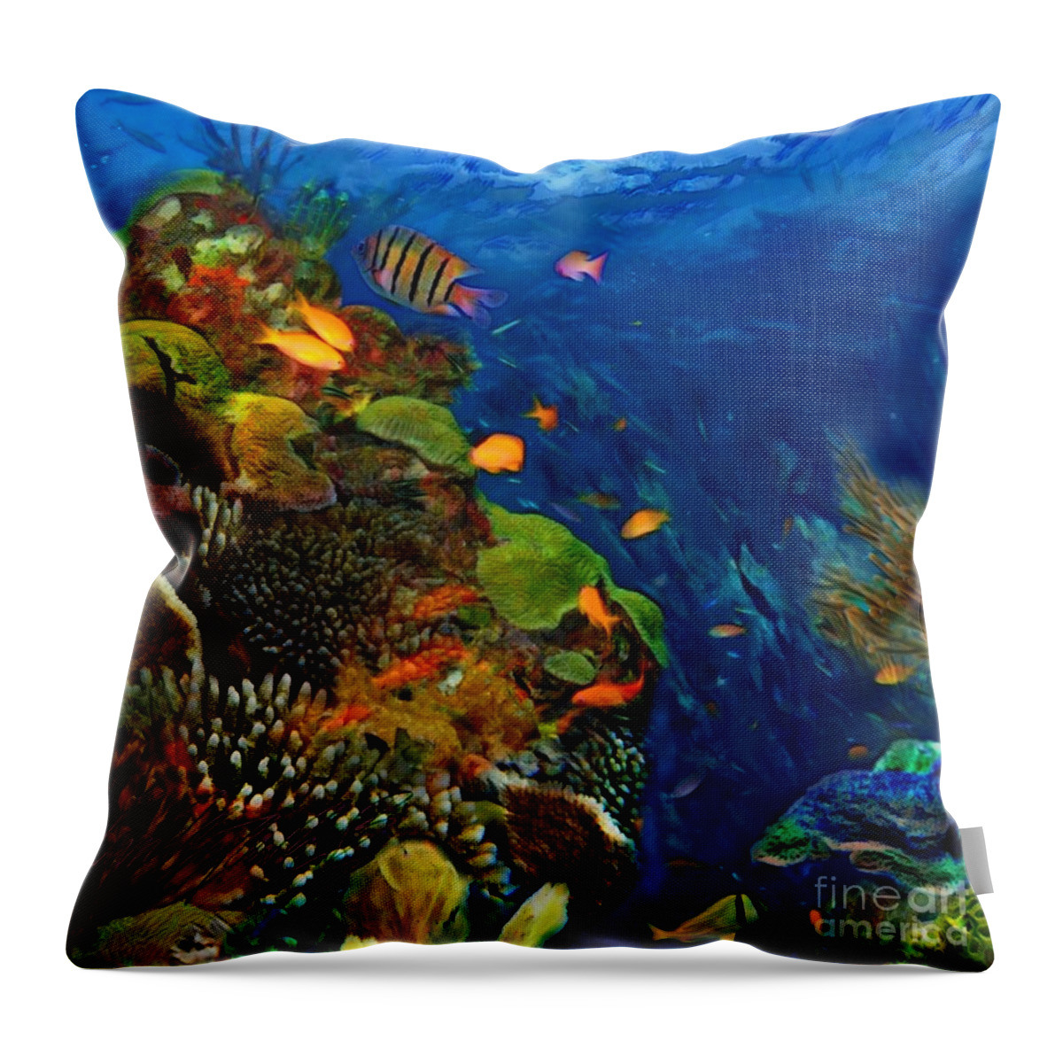 Sharkcrossing Throw Pillow featuring the painting S Caribbean Underwater Garden - Square by Lyn Voytershark