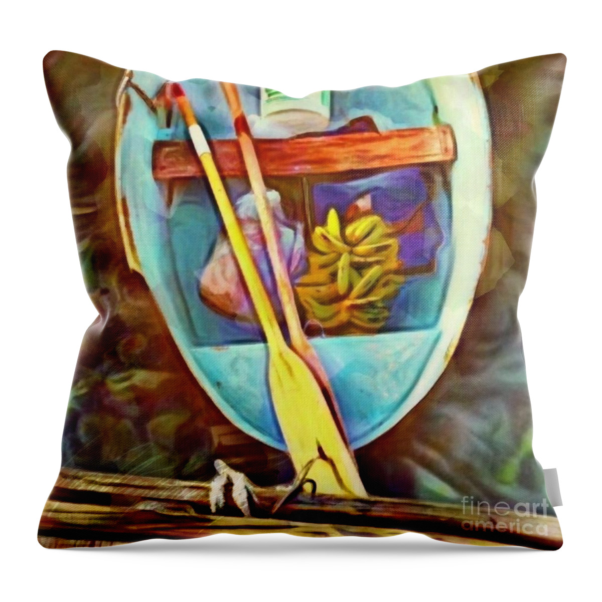 Sharkcrossing Throw Pillow featuring the painting S Rowboat with Banana Bunch - Square by Lyn Voytershark