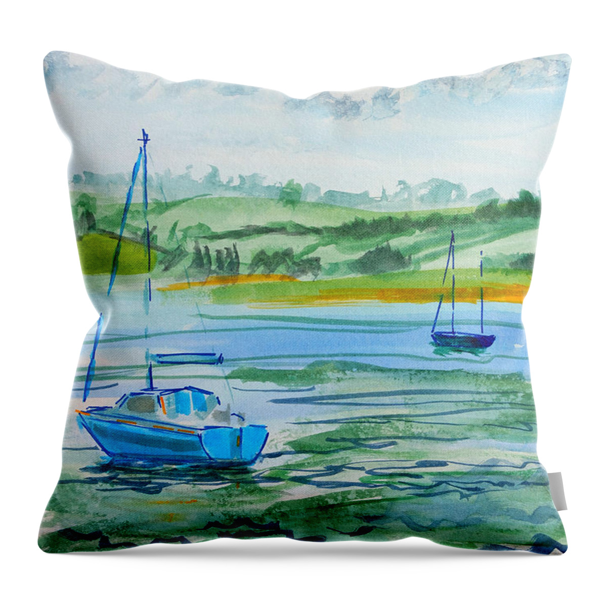 Boats Throw Pillow featuring the painting Sailing on the River Exe at Topsham watercolour painting en plein air by Mike Jory