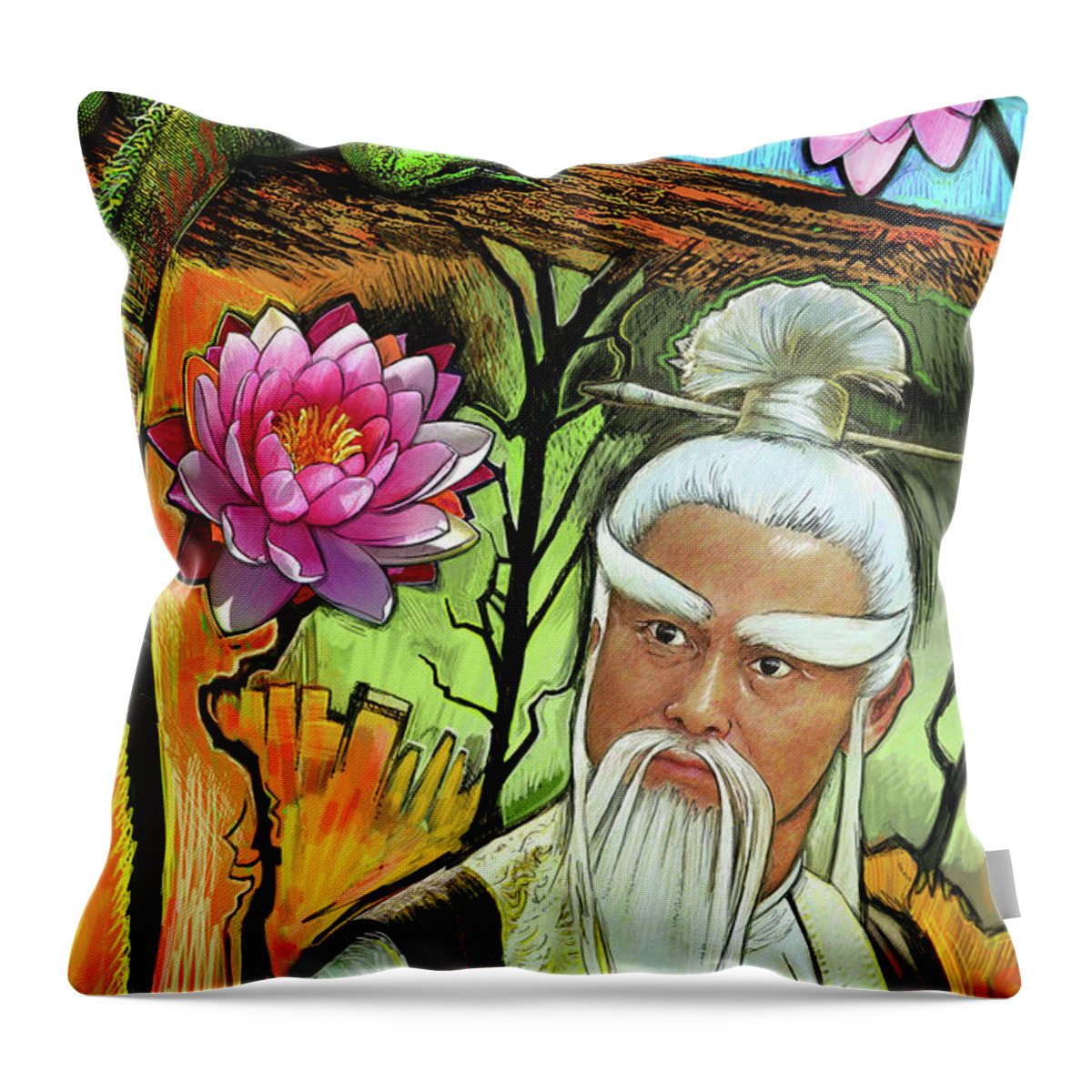 Samurai Throw Pillow featuring the painting The Hairy Eight by Yom Tov Blumenthal