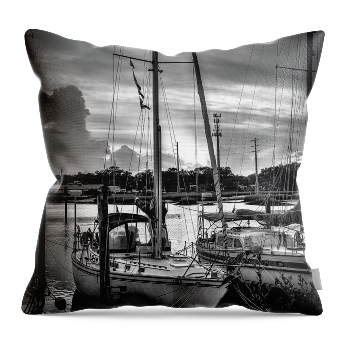 St Augustine Throw Pillow featuring the photograph San Sebastian River Monochrome Sailboat Sunset by Joseph Desiderio