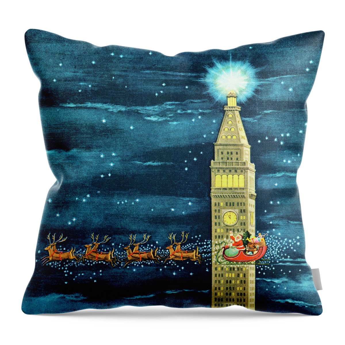 Architecture Throw Pillow featuring the drawing Santa Flying Past Clock Tower by CSA Images