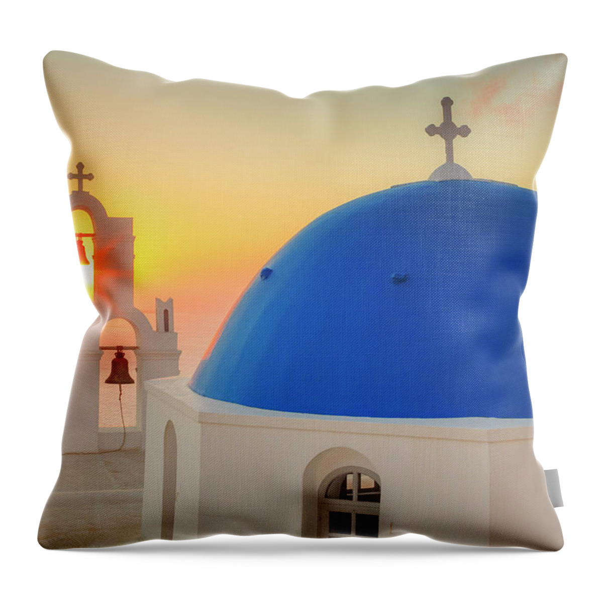 Estock Throw Pillow featuring the digital art Santorini Island, Church At Sunset by Maurizio Rellini