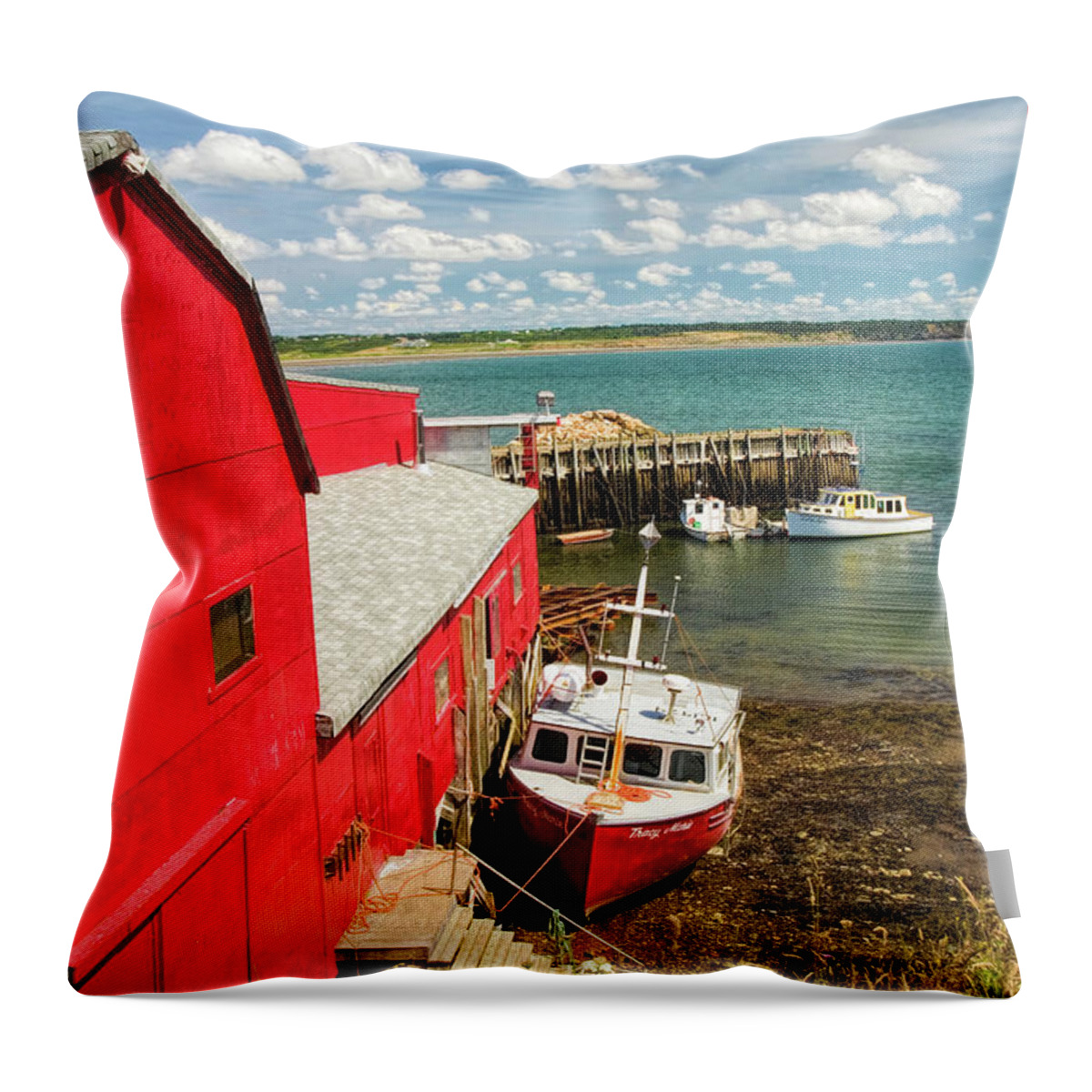Red Throw Pillow featuring the photograph Scenic Harbor with Red Barn and Boat by David Smith