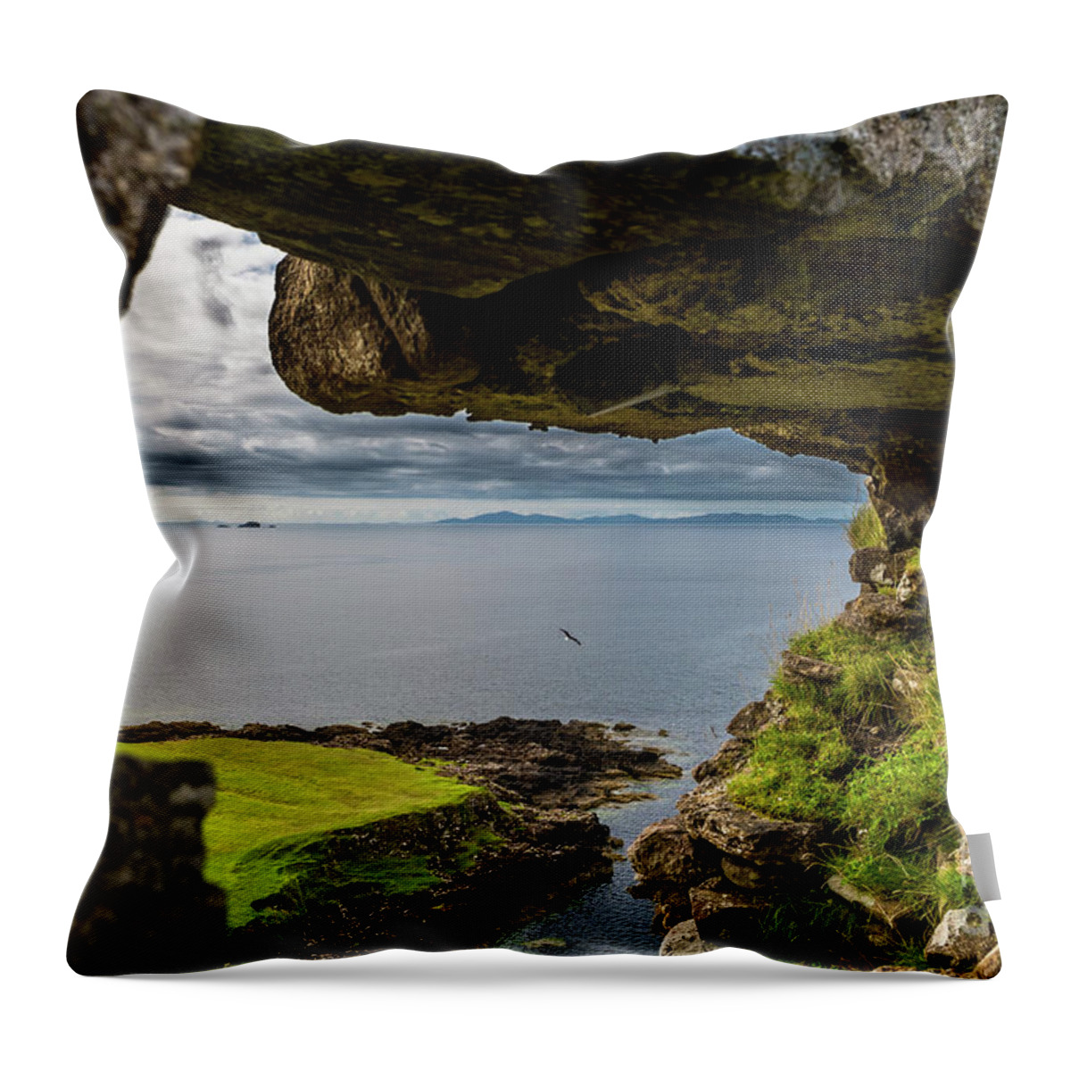 Animal Throw Pillow featuring the photograph Scenic View Through Stone Window At Duntulm Castle At The Coast Of The Isle Of Skye In Scotland by Andreas Berthold