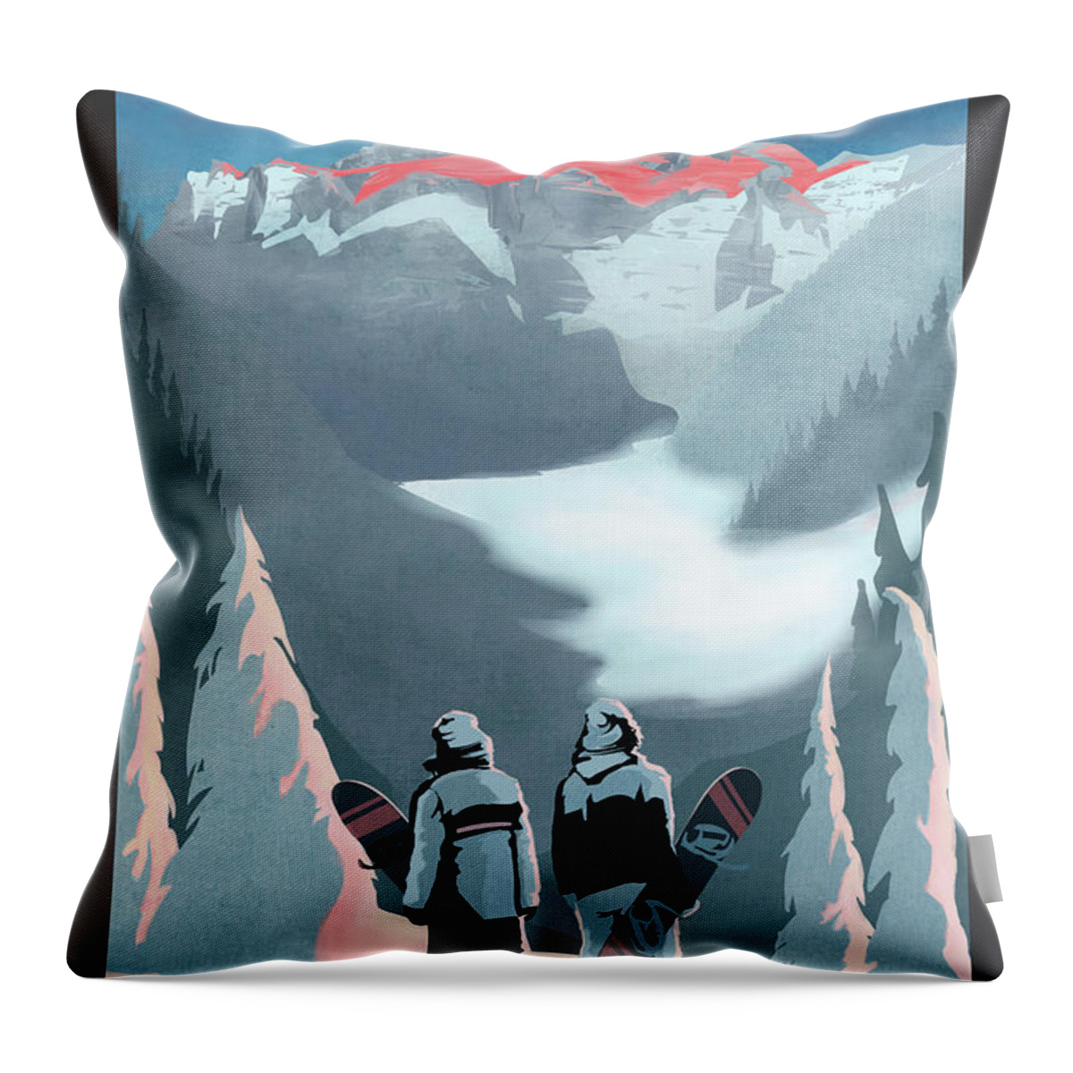 Snowboarder Throw Pillow featuring the painting Scenic Vista Snowboarders by Sassan Filsoof