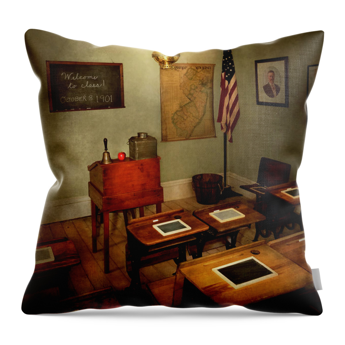 School Throw Pillow featuring the photograph School - Classroom - Welcome to class by Mike Savad