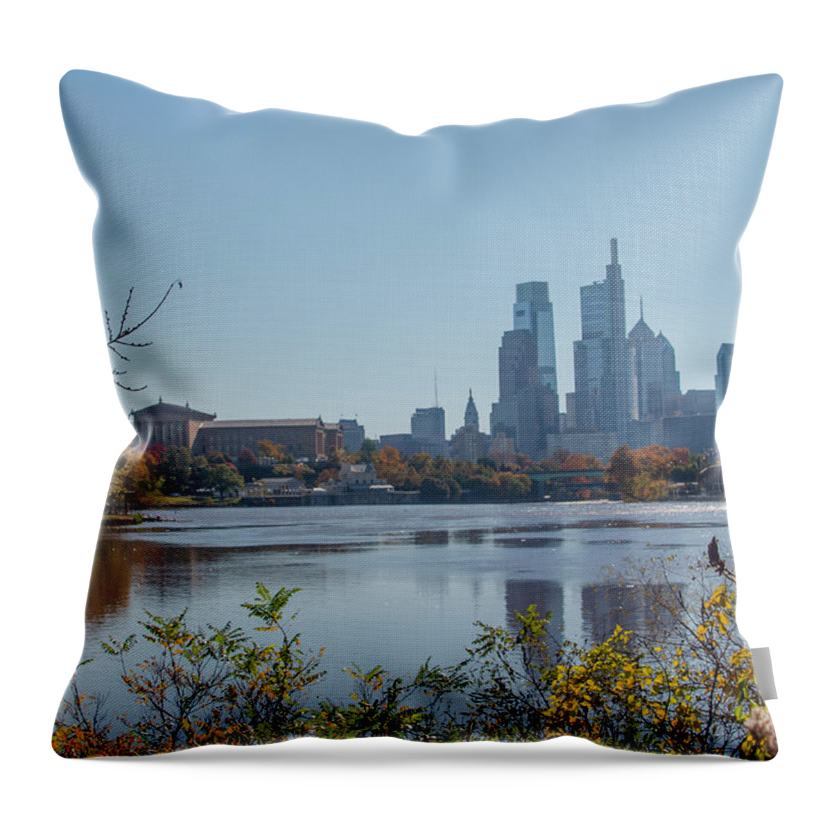 Schuylkill Throw Pillow featuring the photograph Schuylkill River Skyline View - Philadelphia in Autumn by Bill Cannon