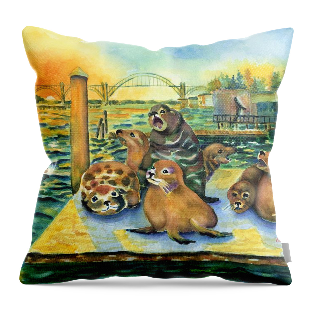 Sea Lions Throw Pillow featuring the painting Sea lions @ Yaquina Bay by Ann Nicholson