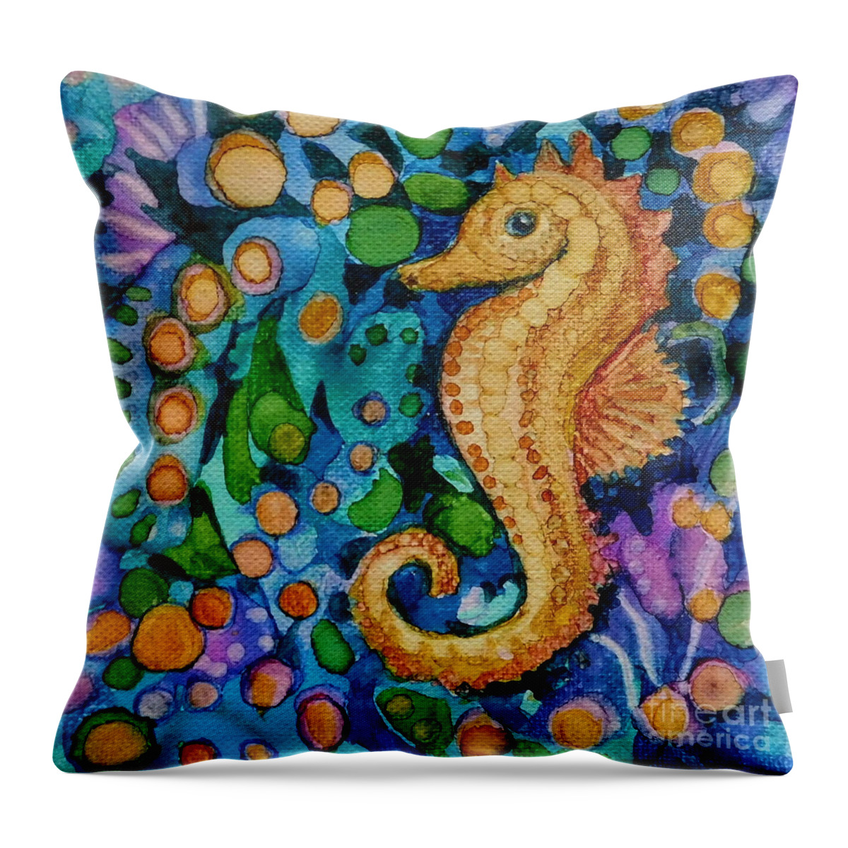 Bright Alcohol Ink Abstract Design Featuring A Golden Sea Horse Sliding Through A Sea Of Underwater Treasures In All The Colors Of The Rainbow. Six Inch Square Gallery-wrapped Canvas Is Ready To Hang. Throw Pillow featuring the painting Sea Steed by Joan Clear