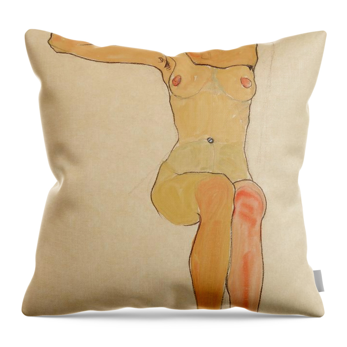 Egon Schiele Throw Pillow featuring the drawing Seated female nude with raised right arm,1910 Gouache,. by Egon Schiele -1890-1918-